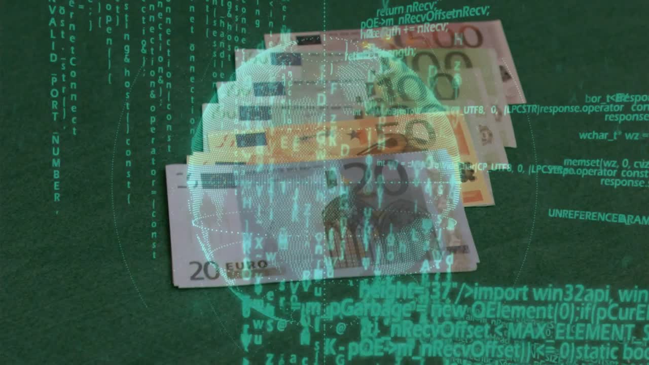 Indikator uppe till höger släpper euro, en turkos glob svävar medan sedlar sprider sig och visar finansdata.
