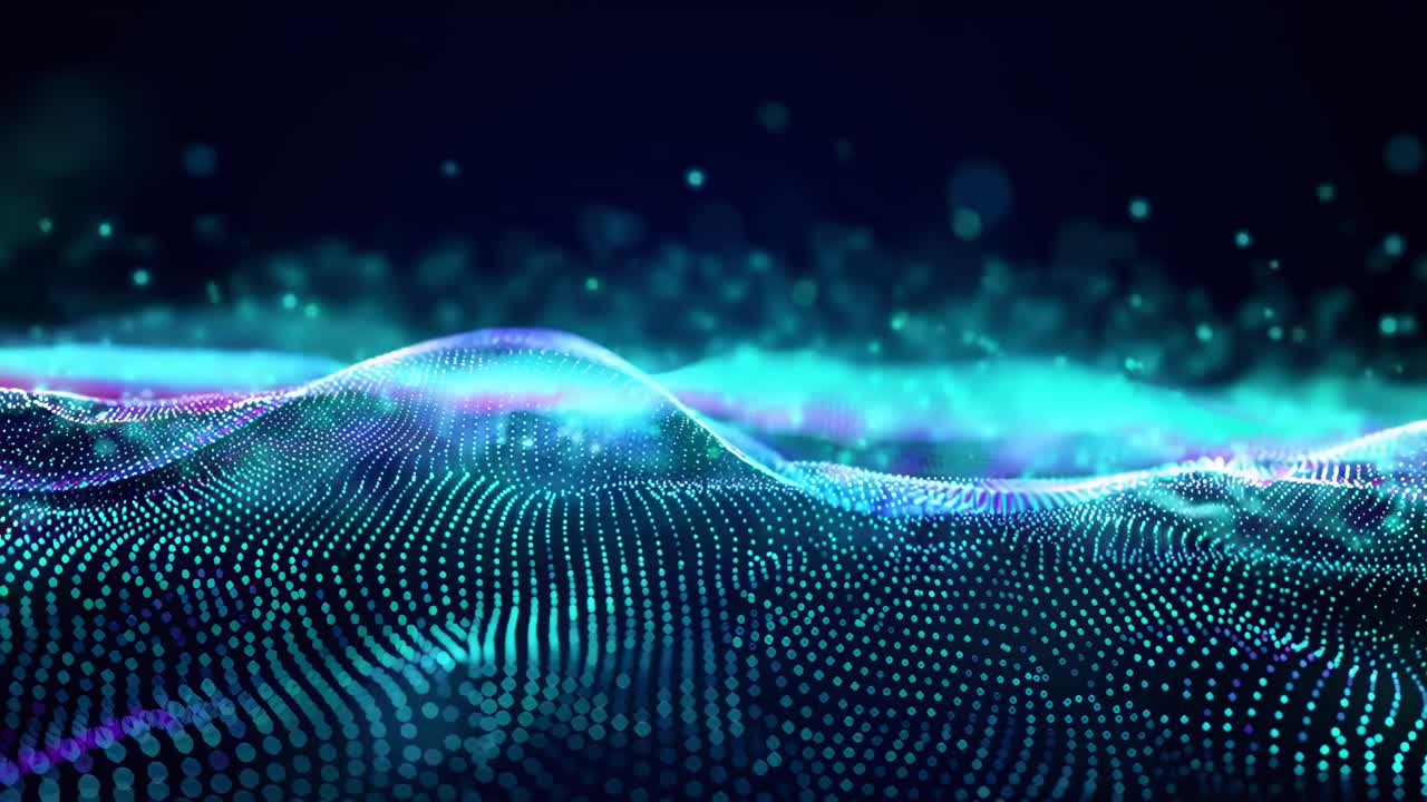 Abstract digital wave with glowing dots, viewed from a low angle, ideal for tech video