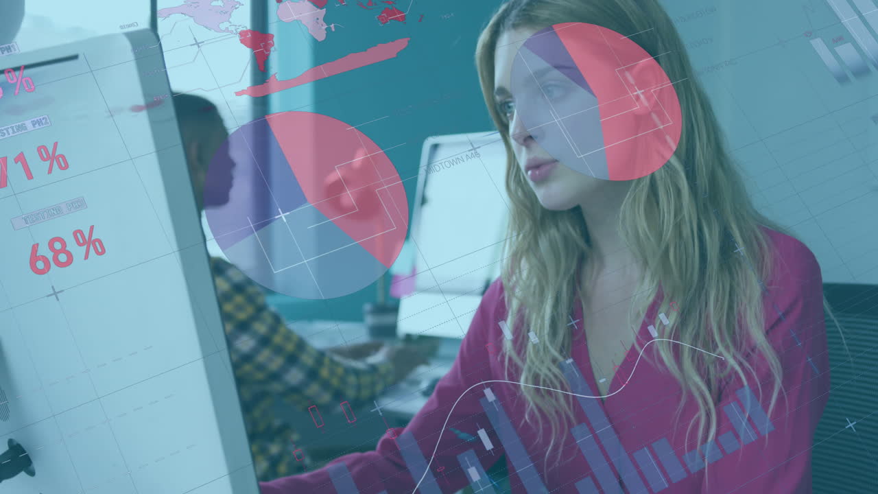 Animation of data processing over caucasian businesswoman working in office