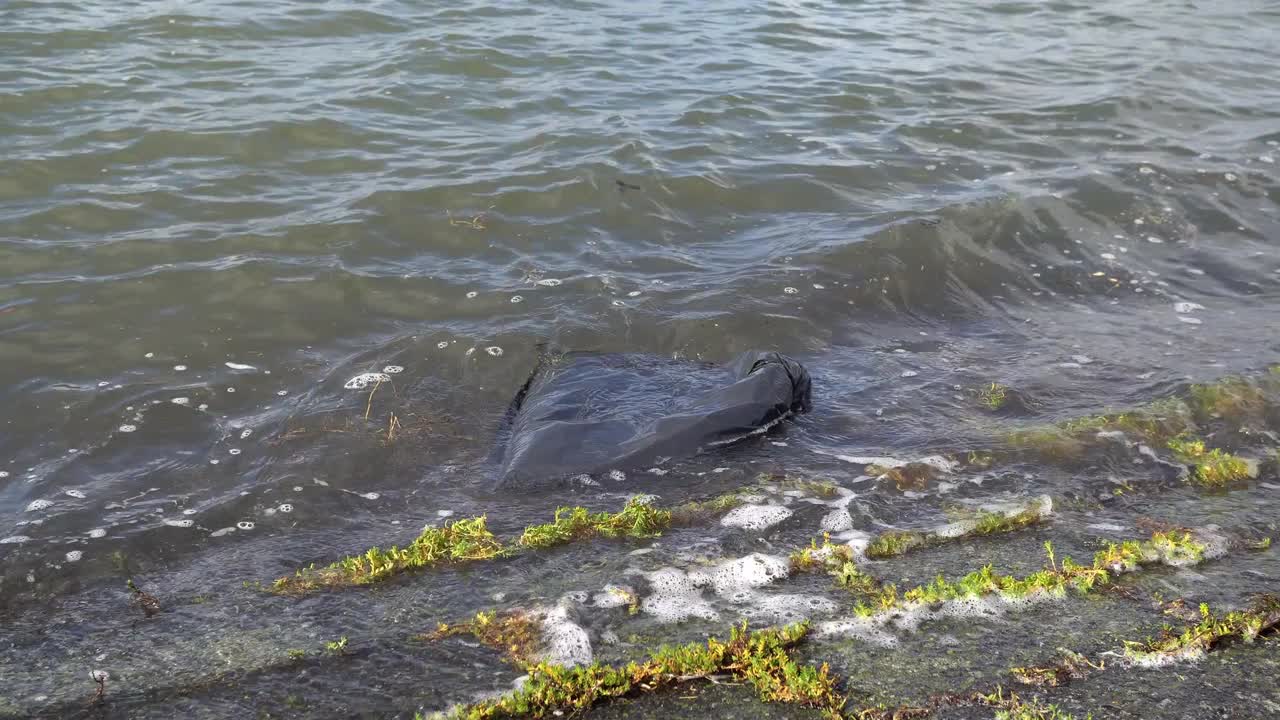 해안에 떠내려온 검은색 비닐봉지