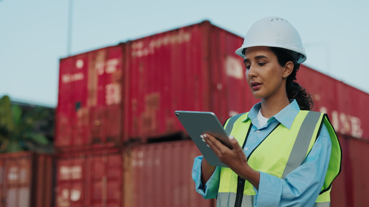 Female Engineer Inspecting Cargo Containers