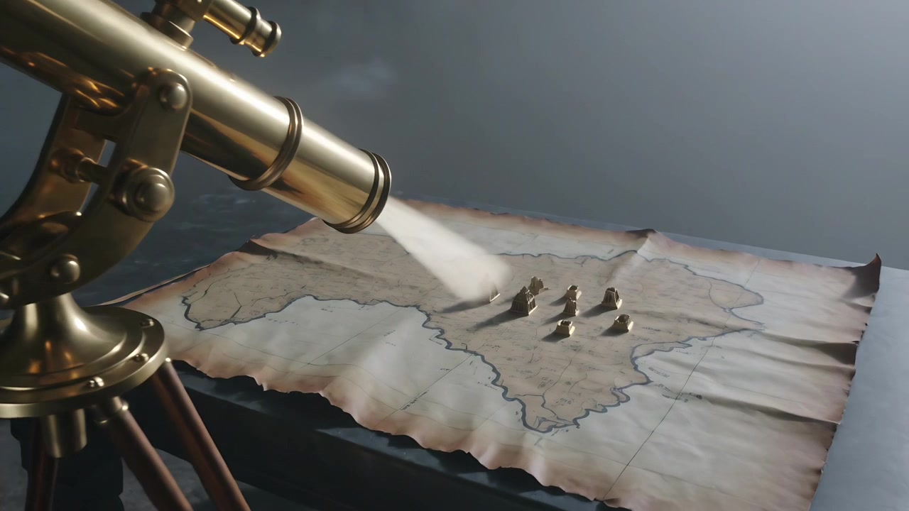 Faisceau de télescope en laiton projeté touchant un amas de marqueurs sur une carte ancienne, animant des structures dorées