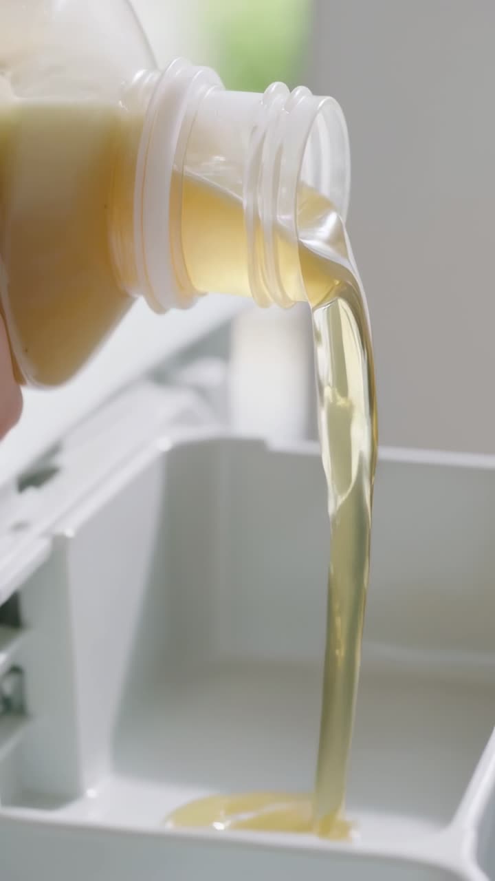 Video verticale: Mano che inclina una bottiglia, versando liquido giallo in un vassoio a casa, con spazio per il testo