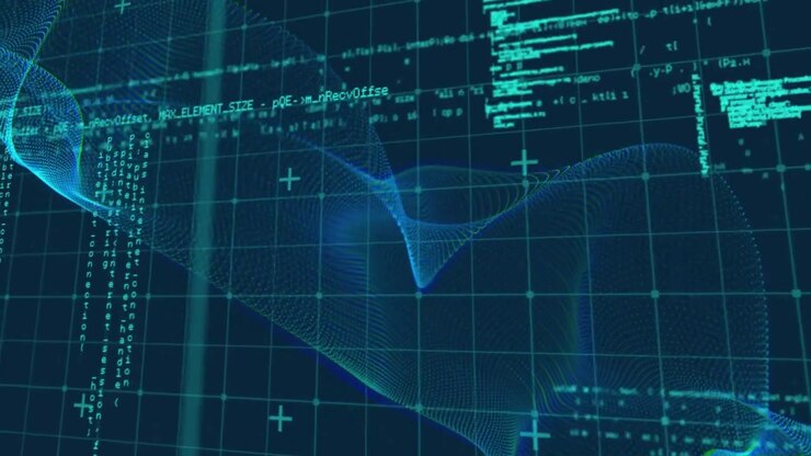 On start translucent waveform drifting across cyan grid as scrolling code fading showing data flow