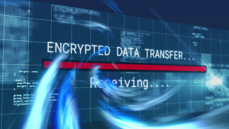 Kryptert dataoverføring tekstanimasjon over digital kode og blå virvlende grafikk