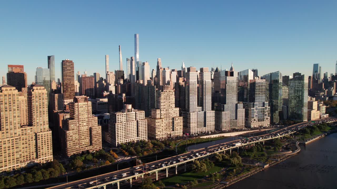 Gorgeous clean NYC skyline aerial with West Side highway, Midtown Manhattan, 4K