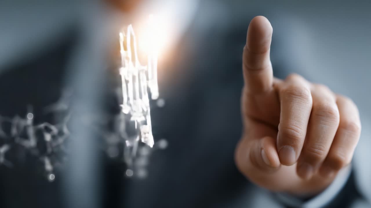 Un professionista interagisce con strutture molecolari, illustrando l'intersezione tra scienza e tecnologia attraverso un'interazione dinamica con visualizzazioni di chimica digitale