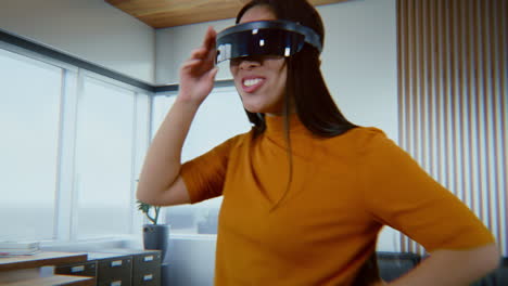 woman experiencing virtual reality and augmented reality in a modern office