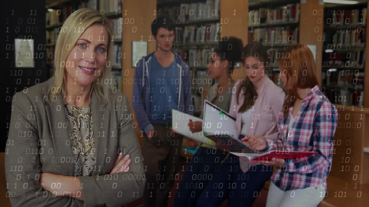 animación de código binario que superpone a diversos estudiantes que estudian en la biblioteca de la escuela