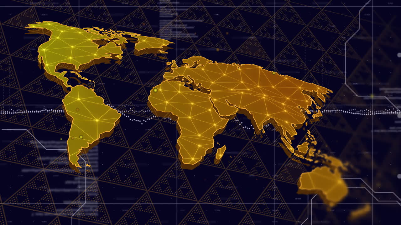 mapa del mundo con conexiones de red animación sobre fondo geométrico oscuro