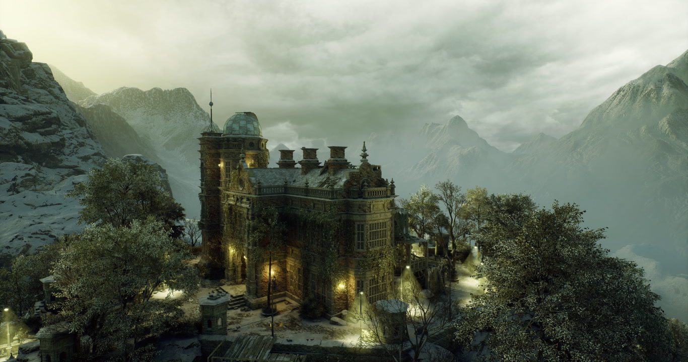 Giant stone stronghold cloaked in threatening storm clouds and fog