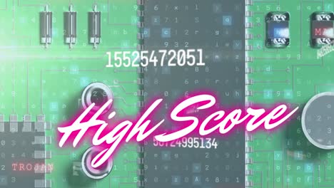 Animation-of-high-score-text-over-data-processing-and-computer-circuit-board
