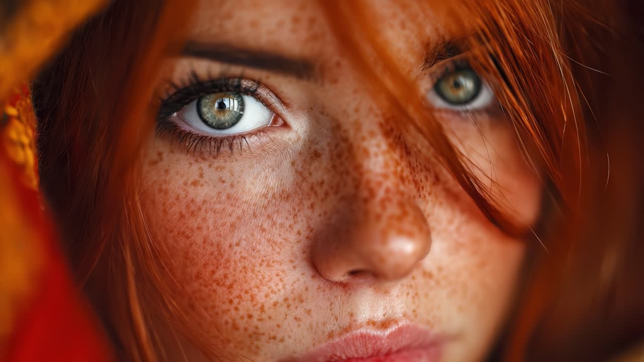 Captivating Close-Up of a Young Woman with Striking Green Eyes and Mesmerizing Freckles Framed by Flowing Red Hair Amidst a Warm, Vibrant Backdrop