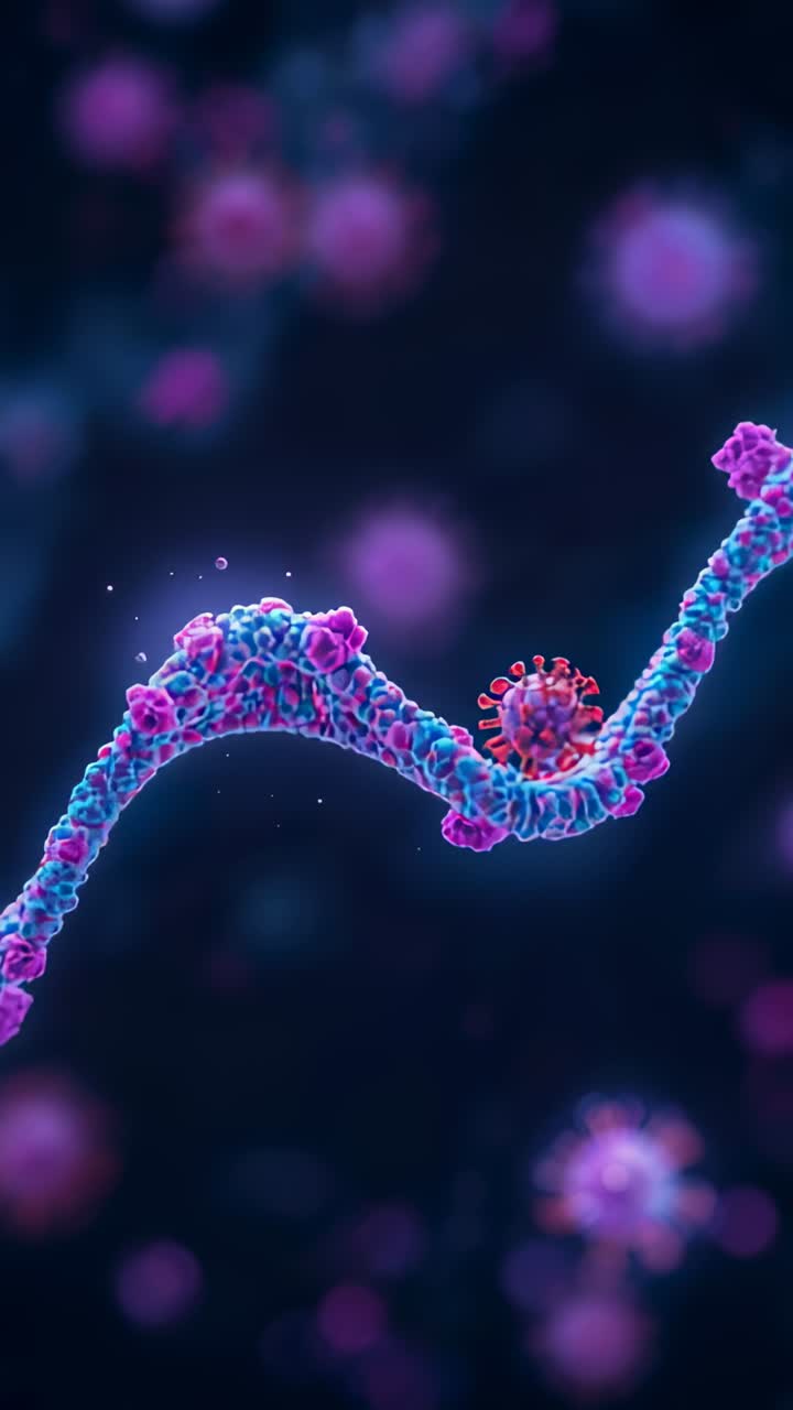 Vertical video: Waving RNA strand moving virion in nano fluid, guiding toward surface spikes