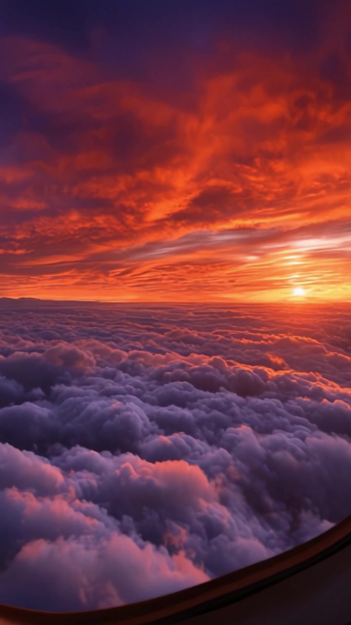 Breathtaking Sunset View Above the Clouds: A Mesmerizing Sky Filled with Radiant Colors at Dusk as Sun Sets Beyond the Horizon from an Airplane Window