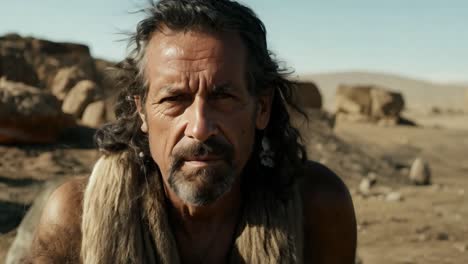 un hombre barbudo con el cabello largo mira fijamente a la cámara en un entorno desértico.