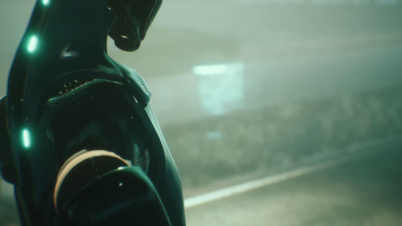 가까운 도로에서 자동차가 운전하는 동안 로봇이 자신의 손을 바라보는 애니메이션