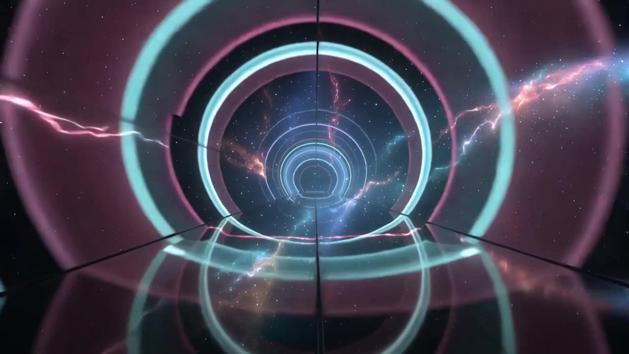 Pulsing concentric rings drawing forward into CGI portal, mirroring glossy floor and energy arcs