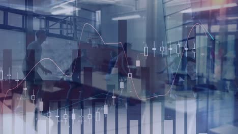 animation of financial data processing over diverse group of male basketball players at gym