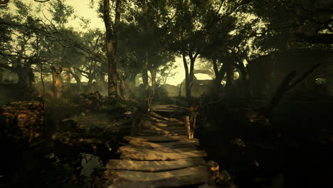 a wooden bridge leading through a misty, overgrown forest with ruins