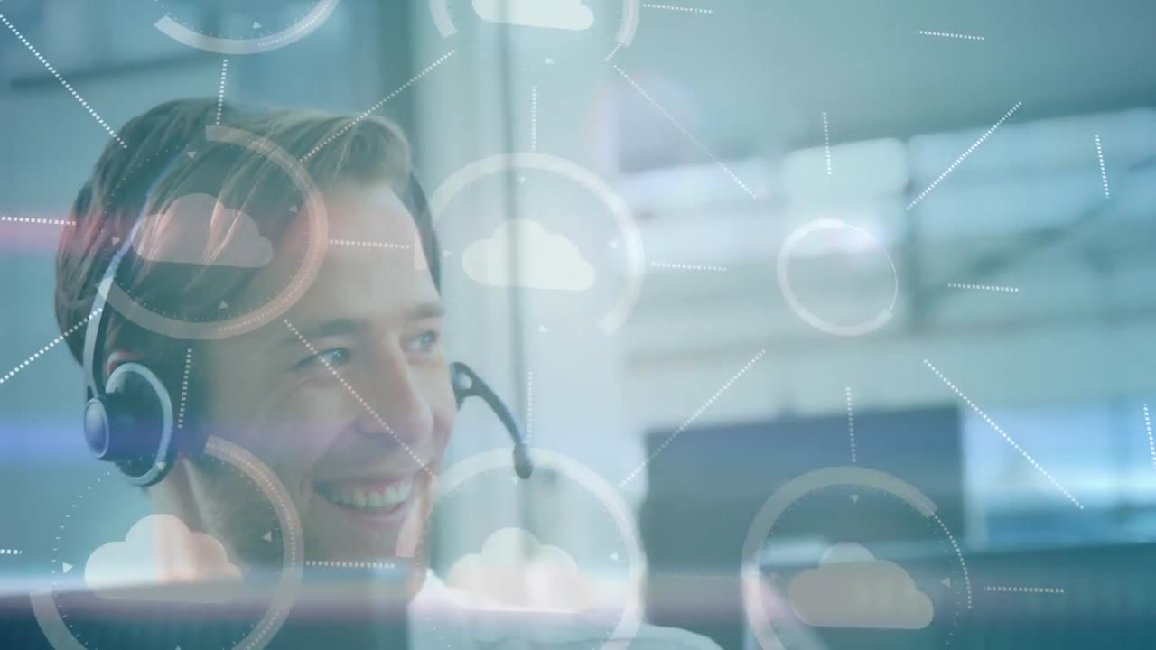 Video composito digitale di icone di rete di connessioni su sfondo di uomo caucasico che usa un auricolare telefonico.