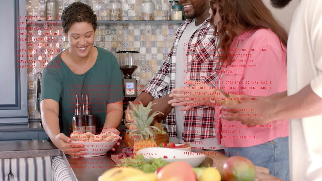 Short-haired woman offering white bowl man in plaid slicing pineapple group clapping preparing food