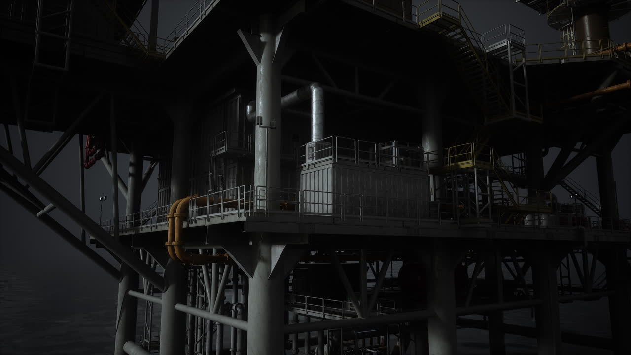 морская нефтяная платформа с высокими трубами и конструкциями