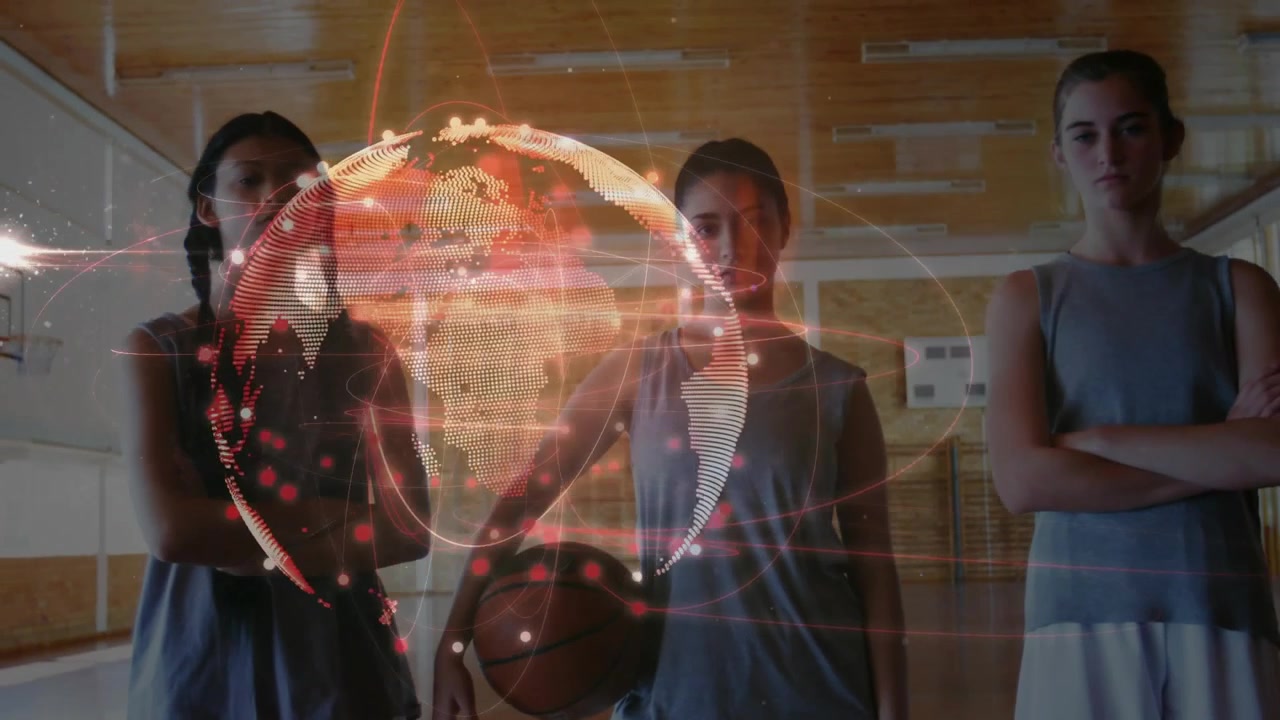 teenage basketball teammates positioning at center court and activating globe hologram showing tech