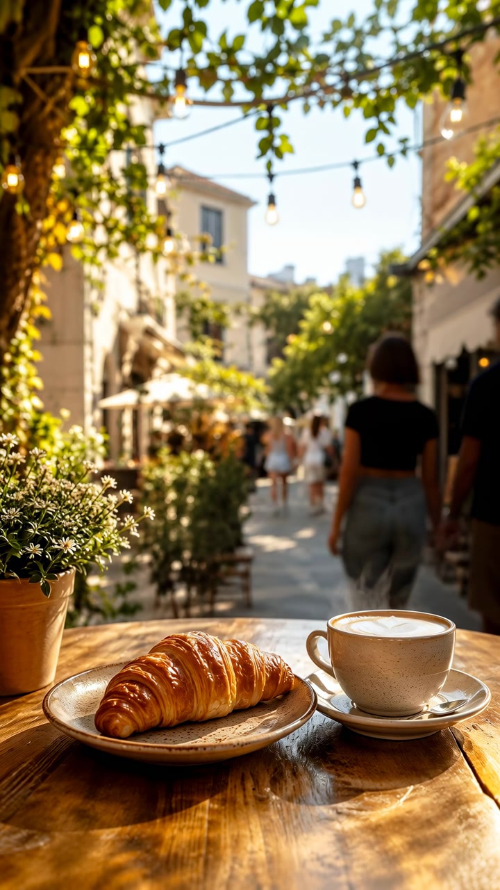 Un croissant dorato e un caffè schiumoso sono in primo piano su un tavolo di legno mentre le persone passano lungo un luminoso viale da pranzo all'aperto incorniciato da vegetazione, vetrine e lampadine sospese.