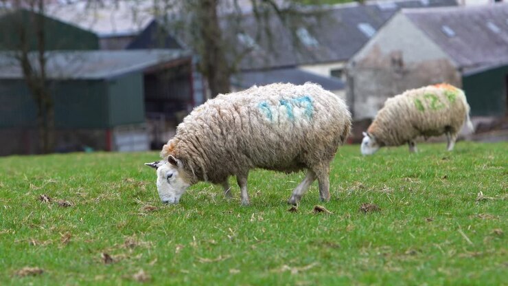 Due pecore in piedi in un campo d'erba in una fattoria con una cascina sullo sfondo