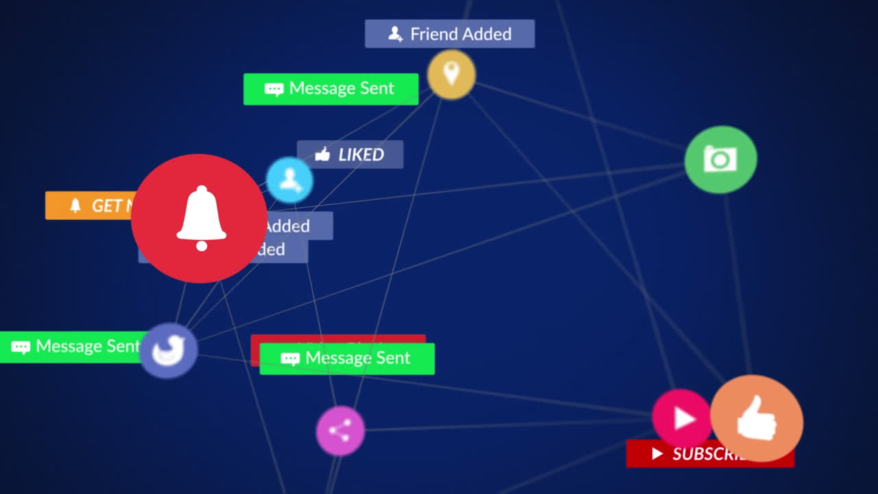 파란색 배경 위에 떨어지는 소셜 미디어 아이콘과 이모티콘의 애니메이션