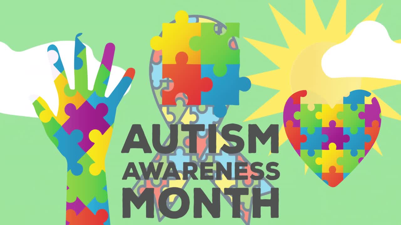 Animazione del testo "Mese della consapevolezza sull'autismo" su un puzzle e il sole