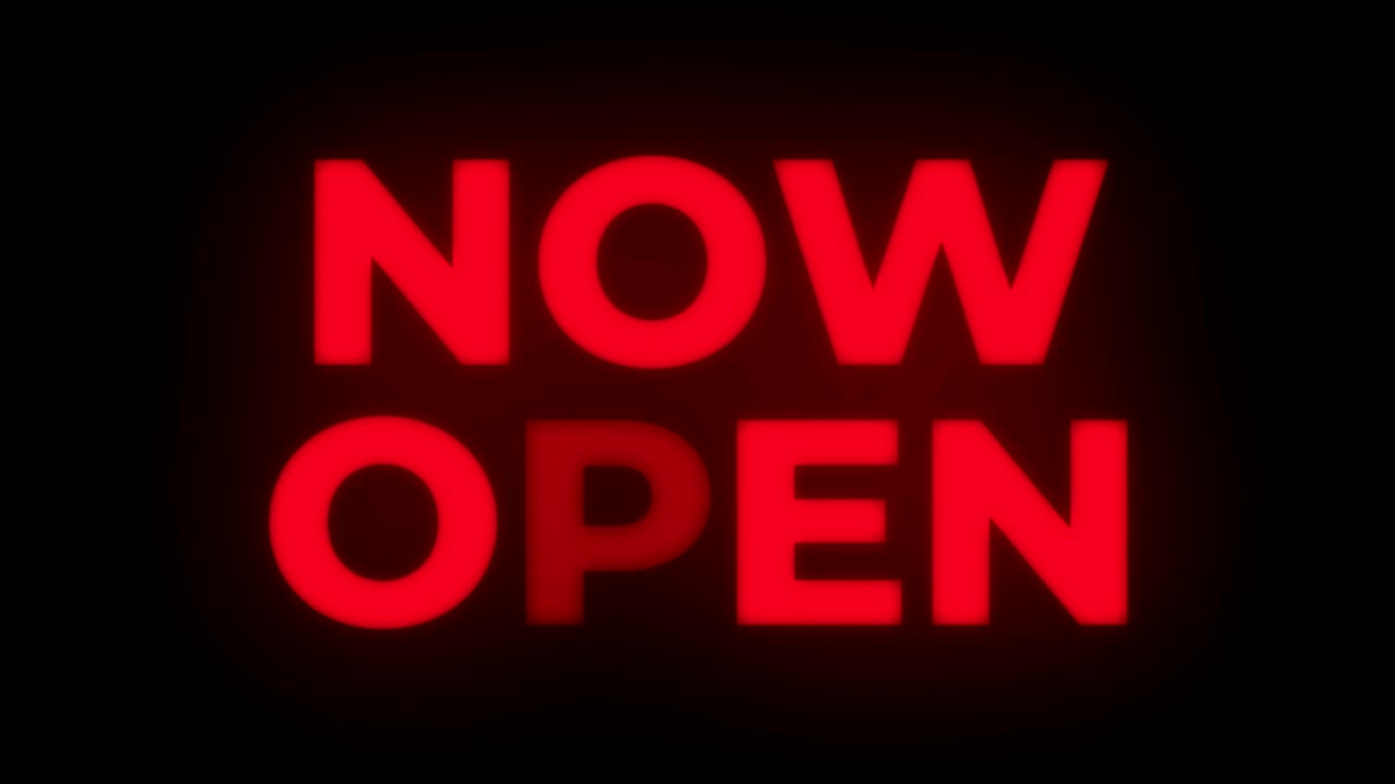 Now Open Text Flickering Display Promotional Loop.