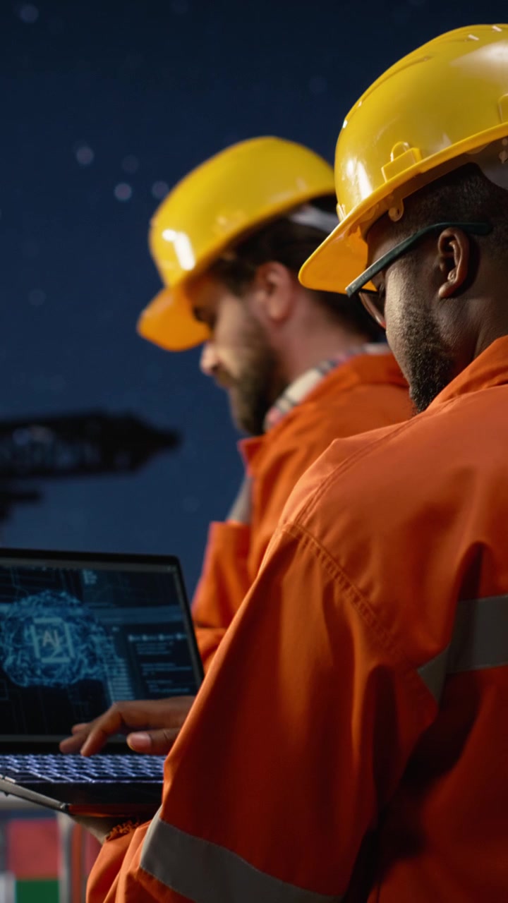 Vertical video Offshore platform expert uses AI monitoring drilling operation during oil crisis