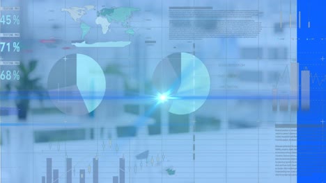 animation of light trails and data processing over office