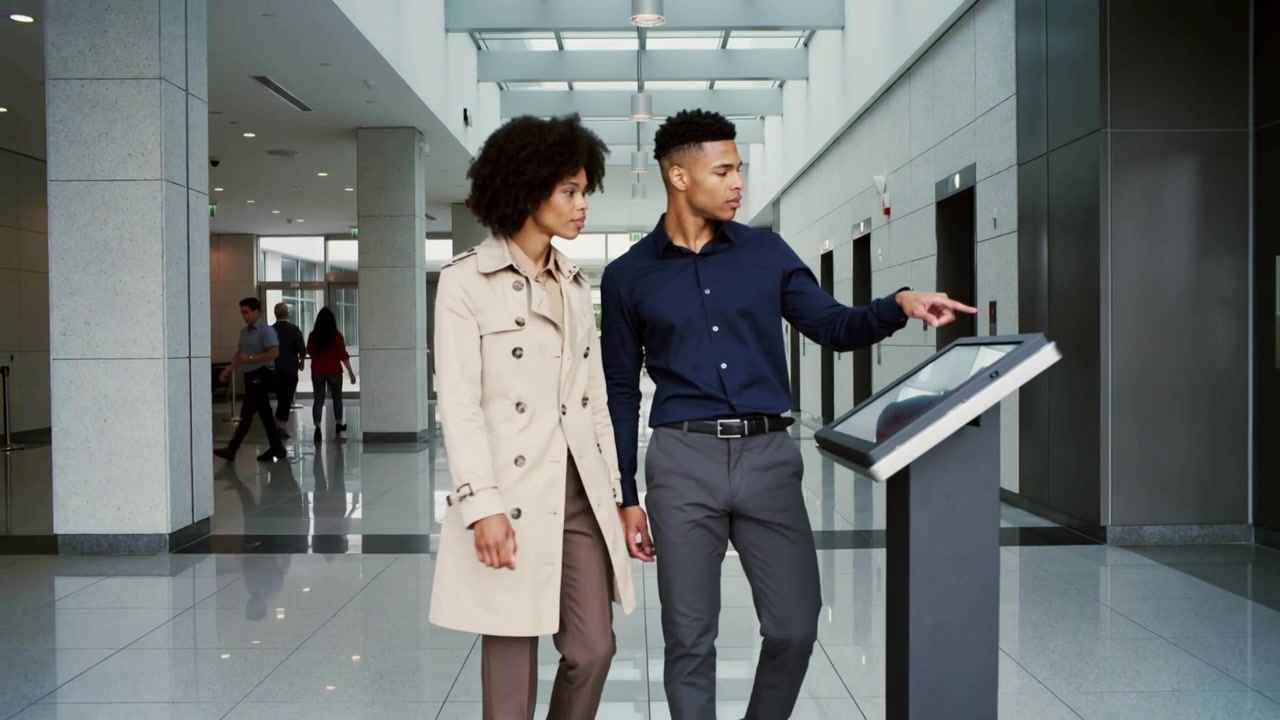 Walking two co-workers in suits approaching office kiosk, man tapping screen checking directory