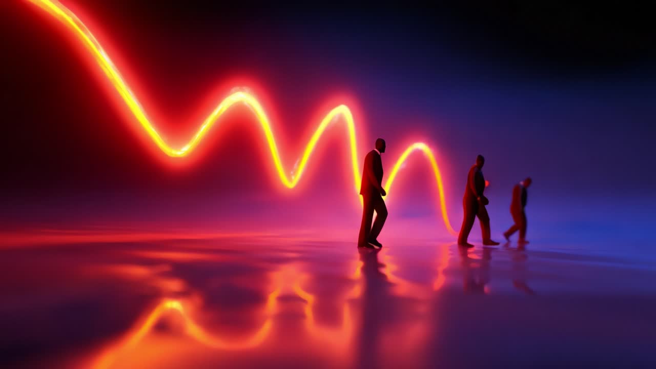 A Conceptual Journey of Transformation Through Motion: Three Figures Progressing Along a Vivid, Oscillating Neon Pathway Against a Surreal Blue and Red Background