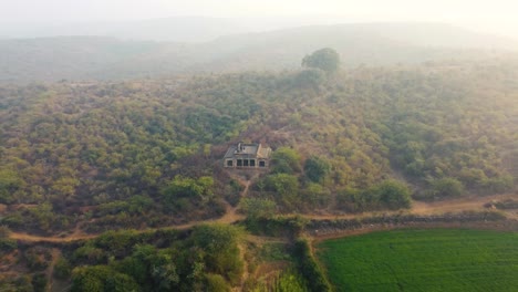 Toma-Aérea-De-Un-Viejo-Edificio-Abandonado-En-Un-Bosque-De-Gwalior,-India