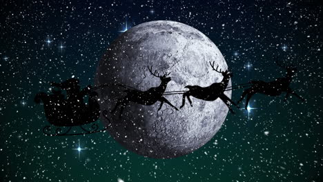 nieve cayendo sobre santa claus en trineo siendo tirado por renos contra la luna y las estrellas brillantes