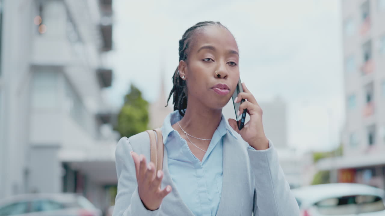 Angry, walking and business woman with phone call