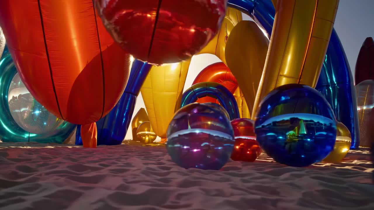 Colorful inflatable arches and spheres create a dreamlike and surreal landscape on a sandy beach, reflecting the sunlight and surrounding environment