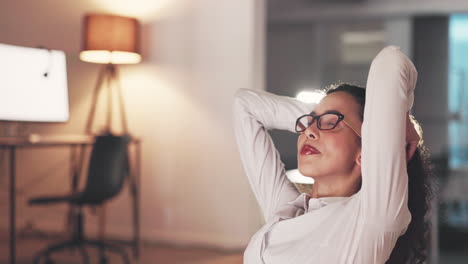 Business-woman,-smile-and-stretching-to-relax