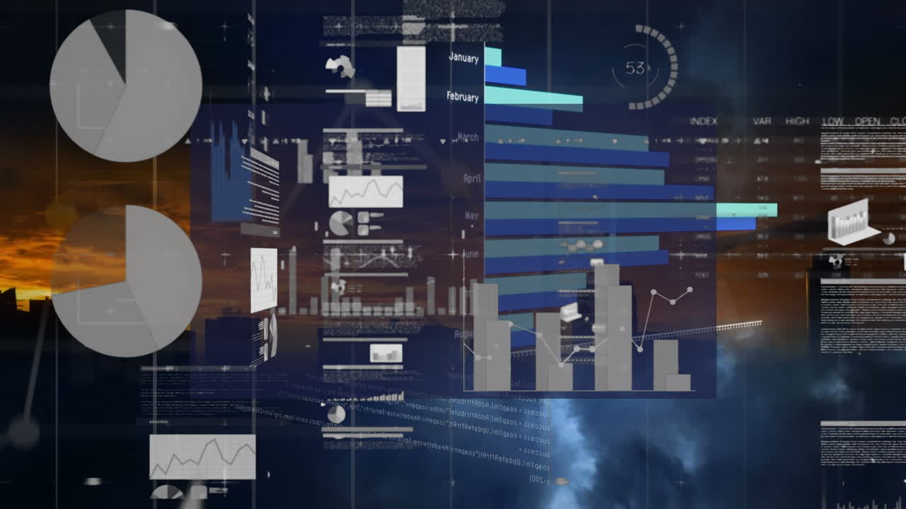 animación de diversos datos y gráficos sobre el paisaje al atardecer
