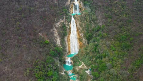 el chiflon waterfalls, tiered waterfall cascade in mexico, 4k high aerial view