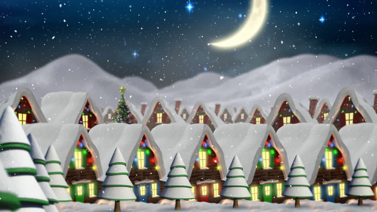 Composizione video con neve su un paesaggio invernale notturno.