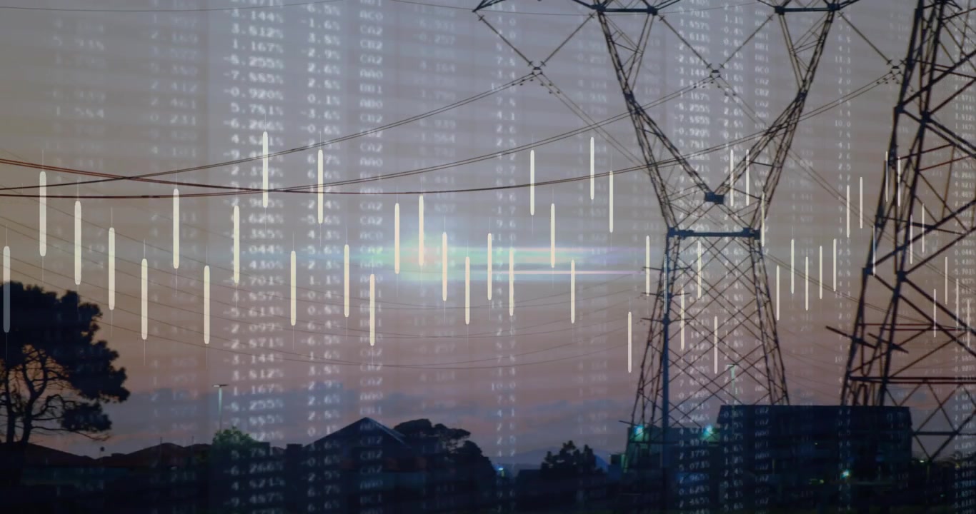 Panning camera revealing utility pole, lone tree, lattice towers at dusk, data columns pulsing