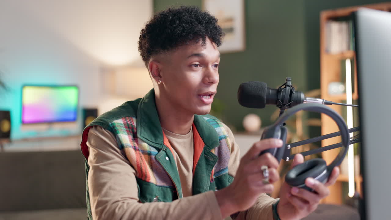 Man recording a podcast with headphones and microphone