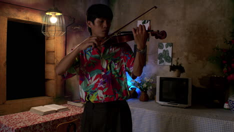 Male-musician-playing-melodic-tunes-on-violin-in-ambient-homely-setup