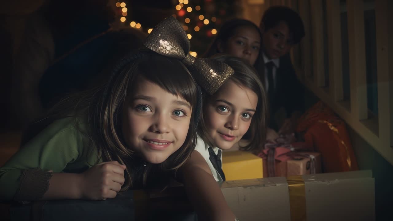Adult offering gifts urging two girls in festive wear leaning on train railing by Christmas tree