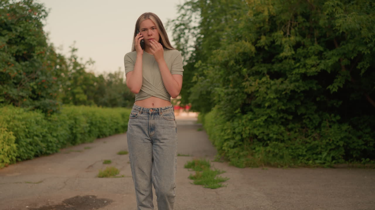캐주얼 청바지와 회색 크로프 을 입은 젊은 여성이 울창한 초록색과 나무로 둘러싸인 길을 따라 고, 한 손으로 입에 가까운 사려 깊은 전화 대화를 나누고 있습니다.